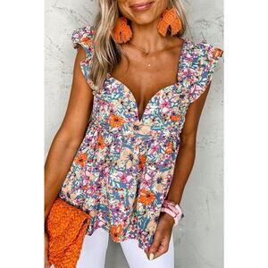 Floral Peplum Style Ruffled Sleeveless Top - Medium